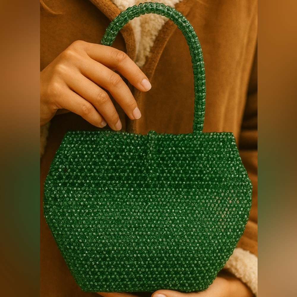 Vintage 80’s 100% forest green faceted  beaded purse structural jewel tone